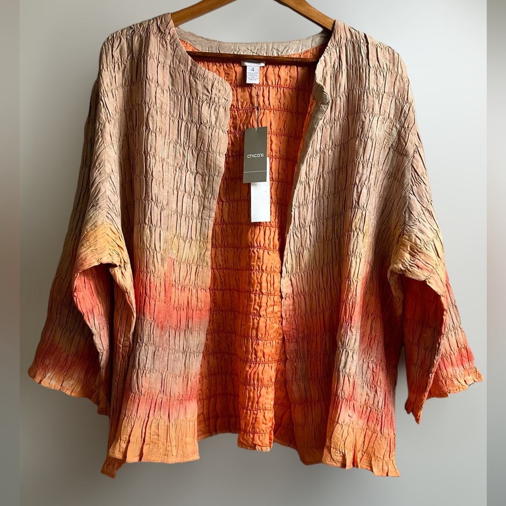 Chico’s Sunset Ombre Orange Cardigan Crinkled and Ruched  3/4 Sleeve Size 4 (2X)